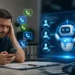 A worried man looks at his phone beside a hologram of a chatbot managing multiple calls.