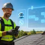 Construction worker on a roof using a smartphone, with digital calendar and AI icons in the air.