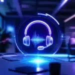 Glowing headset hologram above a desk in a modern, dimly lit office with blue and purple lighting, symbolizing an AI Answering Service transforming communication for small business owners.