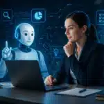 A businesswoman works at a laptop beside a friendly robot, illustrating ChatGPT for Business collaboration with digital data icons and a focus on data protection in the background.