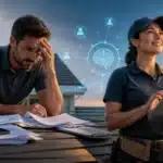 Two workers on a roof; one stressed with papers, the other smiles using a tablet, with digital network graphics.