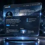 Futuristic LinkedIn profile for Celestial Digital Services, featuring icons for growth, strategy, and global reach—showcasing expertise in B2B Consulting and innovative LinkedIn Marketing strategies.