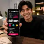 Smiling man in office showing TikTok Shop sales stats on his phone, with a fist pump gesture.