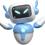 A cute blue and white cartoon robot with a digital face and raised arms, appearing cheerful.