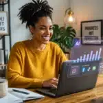Woman in yellow sweater smiles at laptop displaying affordable AI marketing solutions on an AI analytics dashboard in a cozy, modern home office.