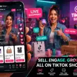A woman live streams a beauty product demo on TikTok Shop with shopping icons and product prices, sharing marketing tips to boost sales with her audience.