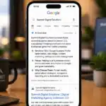 A smartphone shows search results for "Summit Digital Solutions" on a desk with a computer and a plant, highlighting how AEO can help rank your business higher in Google’s AI Overviews.