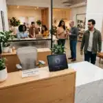 Modern office with people working, and a front desk featuring an AI receptionist tablet and sign.