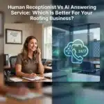 A receptionist on the phone sits at a desk; beside her is a digital graphic of a 24/7 AI answering service.