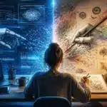 A person draws at a desk, with AI technology on one side and artistic sketches on the other.