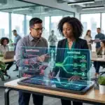 Two professionals analyze a futuristic digital workflow at a touchscreen desk in a modern office.