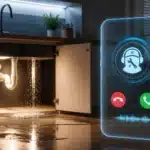 A leaking pipe under a sink floods the floor; a virtual plumber call appears in front.