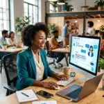 Smiling woman at desk uses AI chatbot on computer in a busy modern office with colleagues working nearby.