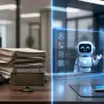 A stack of paperwork and a phone on a desk contrasts with an ai answering service for small business, shown as a digital robot assistant on a screen, available 24/7.