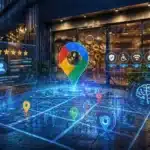 A digital map with location pins and icons, powered by AI, is displayed in front of a restaurant at night, highlighting its Google Business Profiles for enhanced local search visibility.