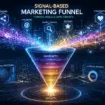 Colorful marketing funnel diagram showing stages from awareness to growth, with digital icons and data visuals.