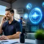 Smiling man at desk on phone with digital communication icons overlay, van and coworker in background.