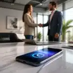 A smartphone rings on a desk while two people shake hands in a modern office.
