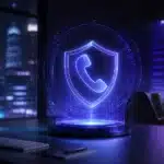 A glowing shield with a phone icon appears as a hologram on an office desk at night, symbolizing call security.