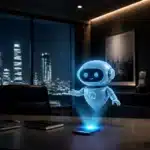 A holographic robot appears above a smartphone on an office desk, with a city skyline visible at night.