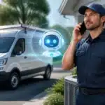 A technician on the phone stands outside near a van, with a digital robot assistant graphic beside him.