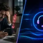 A worried man looks at his phone; next to him is a glowing headset icon on a digital background.