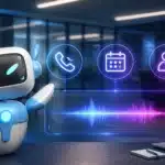 Cute robot with icons for calls, calendar, and tasks, plus a colorful soundwave, in a modern office.