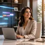 Businesswoman at desk with laptop, virtual calendar and digital icons for calls and checkmarks displayed beside her.