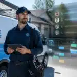 An HVAC technician uses a tablet beside a van, with digital call and schedule graphics displayed.