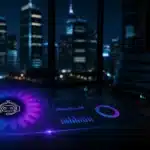 Futuristic office at night with glowing data holograms on desk and city skyline in the background.