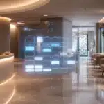 A modern lobby with a holographic calendar interface floating in front of the reception desk.